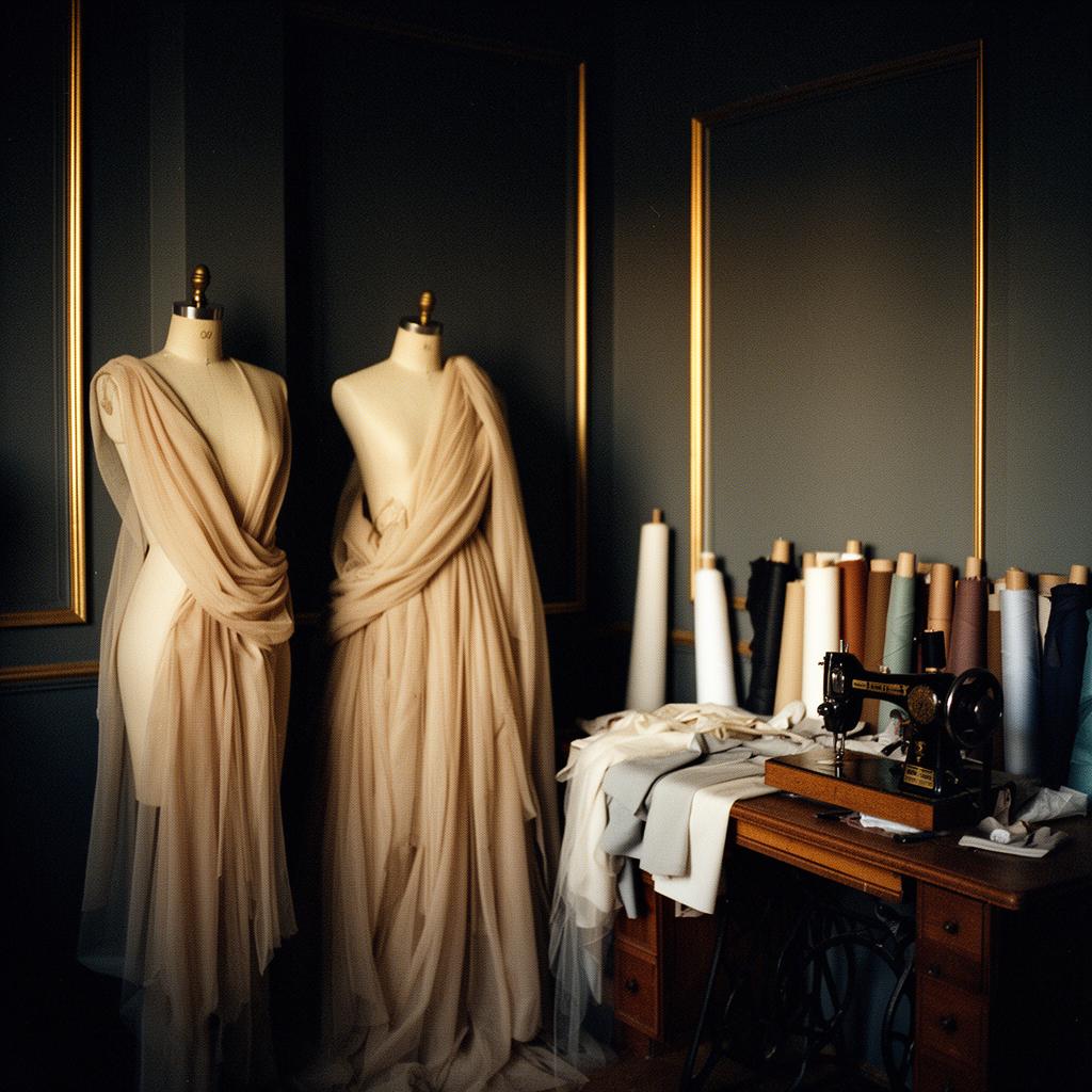 Atelier interior with dress forms, vintage sewing machine and fabric bolts